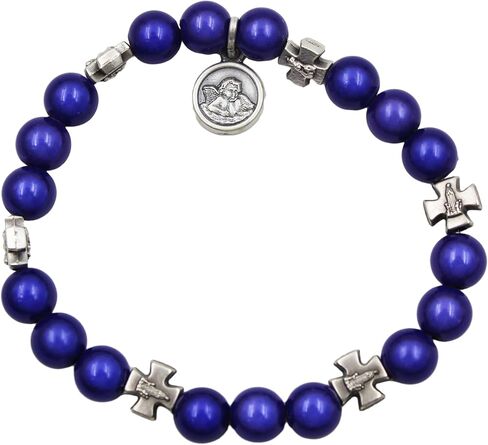 Our Lady of Fatima Blue Beads Bracelet - Made in Portugal, Stretch Design, Divine Fatima Medallion - Spiritual Jewelry, Normal in Saudi Arabia