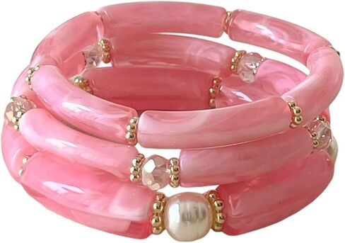 Caiyao 3Pcs Vibrant Resin Tube Bead Stackable Bracelet Sets Boho Retro Multilayer Round Bamboo Joint Imitation Pearl Beaded Stretch Bracelets for Women Summer Vacation Jewelry Gifts in Kuwait