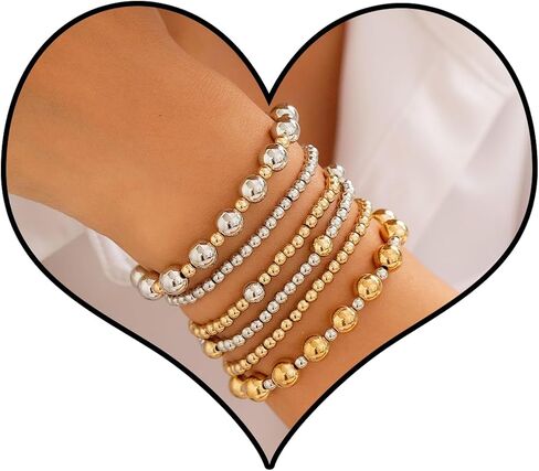 Two Tone Bracelets for Women Stackable Gold and Silver Beaded Bracelets Trendy Mixed Metal Beads Bracelet Wedding Party Prom Jewelry Accessories for Her in Saudi Arabia