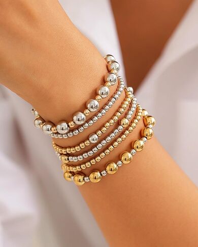 Two Tone Bracelets for Women Stackable Gold and Silver Beaded Bracelets Trendy Mixed Metal Beads Bracelet Wedding Party Prom Jewelry Accessories for Her in Saudi Arabia