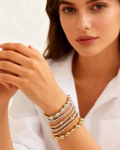 Two Tone Bracelets for Women Stackable Gold and Silver Beaded Bracelets Trendy Mixed Metal Beads Bracelet Wedding Party Prom Jewelry Accessories for Her in Saudi Arabia