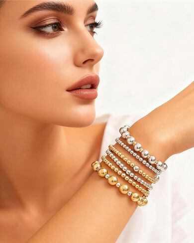 Two Tone Bracelets for Women Stackable Gold and Silver Beaded Bracelets Trendy Mixed Metal Beads Bracelet Wedding Party Prom Jewelry Accessories for Her in Saudi Arabia
