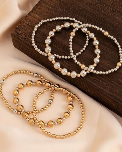 Two Tone Bracelets for Women Stackable Gold and Silver Beaded Bracelets Trendy Mixed Metal Beads Bracelet Wedding Party Prom Jewelry Accessories for Her in Saudi Arabia