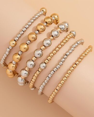 Two Tone Bracelets for Women Stackable Gold and Silver Beaded Bracelets Trendy Mixed Metal Beads Bracelet Wedding Party Prom Jewelry Accessories for Her in Saudi Arabia