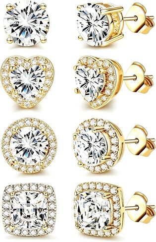 SIISPRI Sterling Silver Cubic Zirconia Stud Earrings for Women Men 18K Gold Plated Brilliant Celtic Heart CZ Halo Stud Earrings Round Square Simulated Diamond Stud Earrings Set for Sensitive Ears in Kuwait