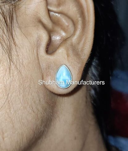 Natural Larimar Earrings Pear Shape Gemstone Birthstone 925 Sterling Silver Stud Women Earrings 8x12 MM Stone Handmade Jewelry in Saudi Arabia