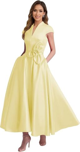 Tea Length Satin Mother of The Bride Dresses for Women A Line V Neck Cap Sleeve Formal Evening Party Gowns in Saudi Arabia
