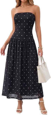 Women's Strapless Tube Polka Dot Dress Flowy Vintage Drop Waist Maxi Vacation Casual Dress Wedding Guest Dresses in Saudi Arabia