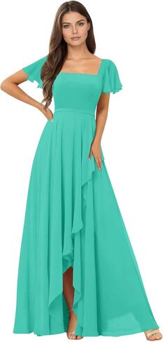 Short Sleeve Chiffon Bridesmaid Dresses for Women Long Square Neck Ruffle Formal Evening Dress with Slit in Saudi Arabia