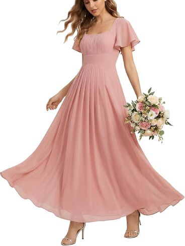 Ever-Pretty Women's Spring Summer Maxi Formal Wedding Guest Dress Short Sleeve Square Neck Chiffon A Line Bridesmaid Dresses in Kuwait