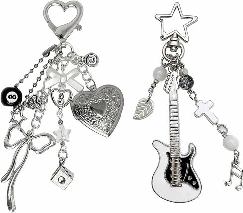 2-Piece Y2k Keychains, Punk Guitar Keychain and Cute Heart Locket Keychain, silver bag charms Charms Set for Purse in Saudi Arabia