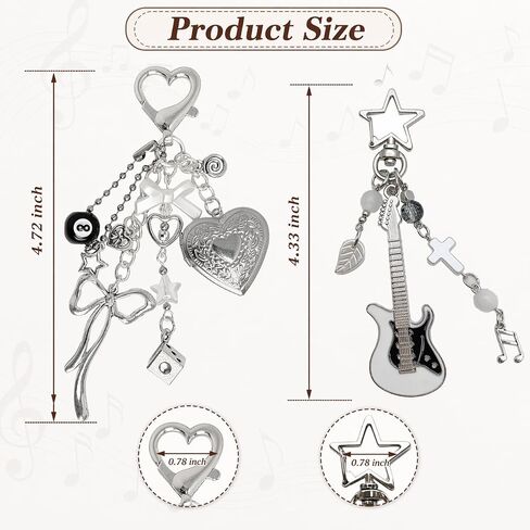 2-Piece Y2k Keychains, Punk Guitar Keychain and Cute Heart Locket Keychain, silver bag charms Charms Set for Purse in Saudi Arabia