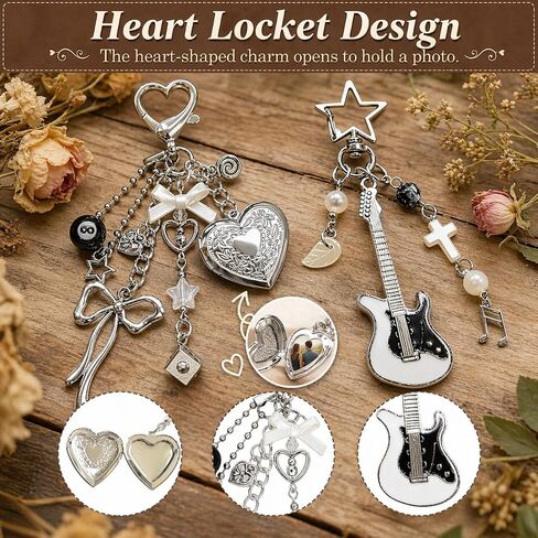 2-Piece Y2k Keychains, Punk Guitar Keychain and Cute Heart Locket Keychain, silver bag charms Charms Set for Purse in Saudi Arabia