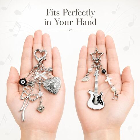 2-Piece Y2k Keychains, Punk Guitar Keychain and Cute Heart Locket Keychain, silver bag charms Charms Set for Purse in Saudi Arabia