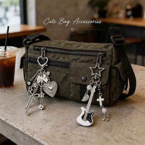 2-Piece Y2k Keychains, Punk Guitar Keychain and Cute Heart Locket Keychain, silver bag charms Charms Set for Purse in Saudi Arabia