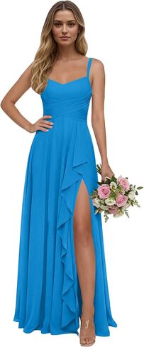 Women's Ruffles Long Bridemaid Dresses with Slit Spaghetti Straps Pleated Chiffon Formal Evening Gown in Saudi Arabia