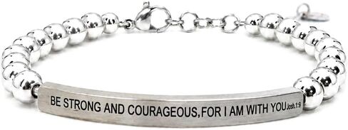 THE INSPIRATION CO. Be Strong and Courageous For I Am With You – Joshua 1:9 Christian Bracelet – Natural Gemstone Bracelet with Adjustable Stretch Fit and Engraved Stainless Steel Bar – Made in USA in Saudi Arabia