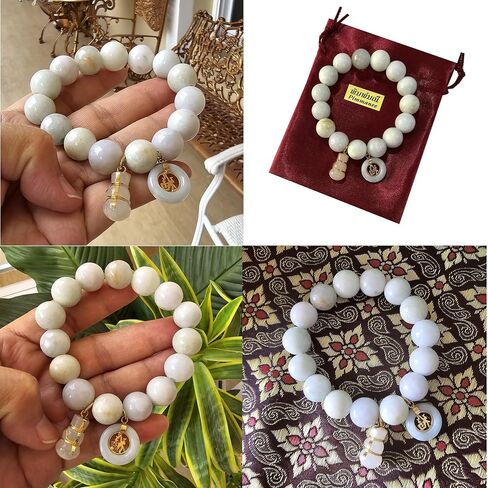 My Pet Elephant Heavens Tvcz Natural Thai Jade Bracelet 13.5mm Beads for Women with Lucky Jì Fú Coin & Calabash Prosperity Charm, Good Luck, Blessing, Spiritual Jewelry Gift, Free Skull Iron-On Patch in Saudi Arabia