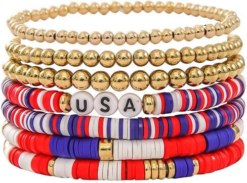 Colorful Independence Day Star Gold Ball Clay Beaded 4th July Patriotic Bracelets for Women Jewelry in Saudi Arabia