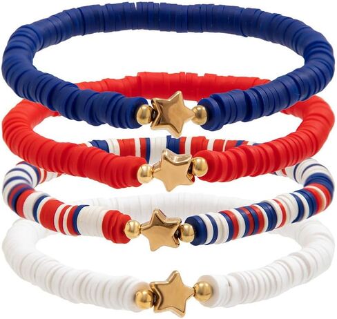 Caiyao 4th of July Independence Day Stackable Bracelets Set Multilayer Patriotic Red White Blue Star Heishi Clay Beaded Stretch Bracelets for Women Men USA Patriotic Memorial Day Jewelry Gifts in Kuwait