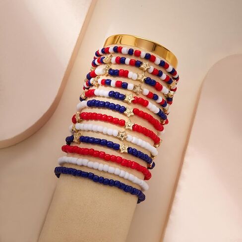 Caiyao 4th of July Independence Day Stackable Bracelets Set Multilayer Patriotic Red White Blue Star Heishi Clay Beaded Stretch Bracelets for Women Men USA Patriotic Memorial Day Jewelry Gifts in Kuwait