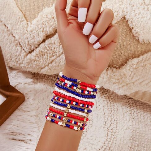 Caiyao 4th of July Independence Day Stackable Bracelets Set Multilayer Patriotic Red White Blue Star Heishi Clay Beaded Stretch Bracelets for Women Men USA Patriotic Memorial Day Jewelry Gifts in Kuwait