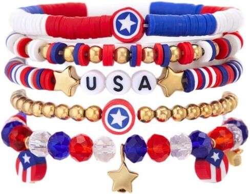 Caiyao 4th of July Independence Day Stackable Bracelets Set Multilayer Patriotic Red White Blue Star Heishi Clay Beaded Stretch Bracelets for Women Men USA Patriotic Memorial Day Jewelry Gifts in Kuwait