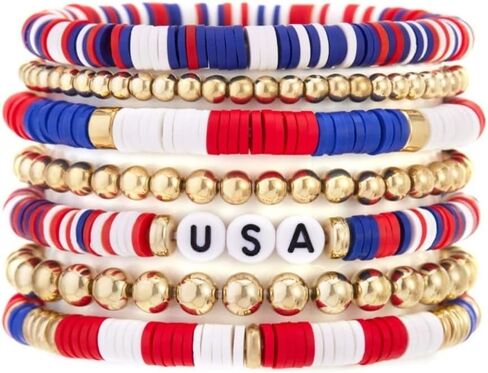 Caiyao 4th of July Independence Day Stackable Bracelets Set Multilayer Patriotic Red White Blue Star Heishi Clay Beaded Stretch Bracelets for Women Men USA Patriotic Memorial Day Jewelry Gifts in Kuwait