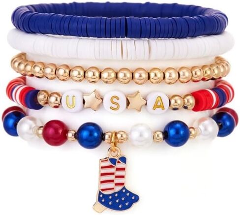Caiyao 4th of July Independence Day Stackable Bracelets Set Multilayer Patriotic Red White Blue Star Heishi Clay Beaded Stretch Bracelets for Women Men USA Patriotic Memorial Day Jewelry Gifts in Kuwait