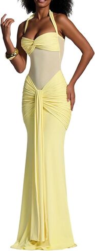 Tbahhir Womens Elegant Halter Maxi Dress Sleeveless Mesh Patchwork Bodycon Ruched Long Dress Club Party Evening Cocktail in Saudi Arabia