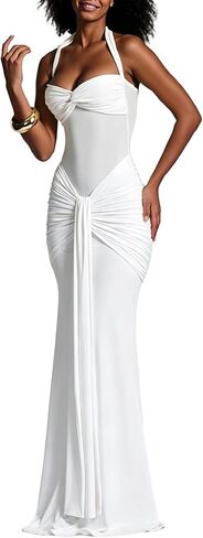 Tbahhir Womens Elegant Halter Maxi Dress Sleeveless Mesh Patchwork Bodycon Ruched Long Dress Club Party Evening Cocktail in Saudi Arabia