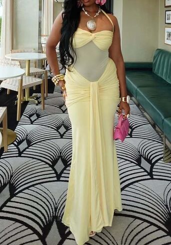 Tbahhir Womens Elegant Halter Maxi Dress Sleeveless Mesh Patchwork Bodycon Ruched Long Dress Club Party Evening Cocktail in Saudi Arabia