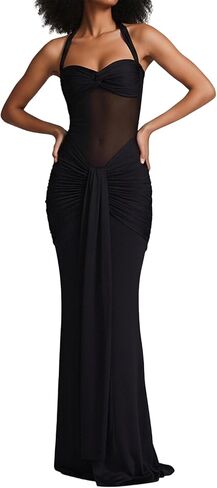 Tbahhir Womens Elegant Halter Maxi Dress Sleeveless Mesh Patchwork Bodycon Ruched Long Dress Club Party Evening Cocktail in Saudi Arabia