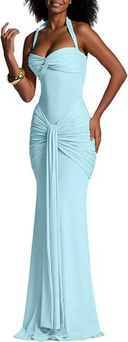 Tbahhir Womens Elegant Halter Maxi Dress Sleeveless Mesh Patchwork Bodycon Ruched Long Dress Club Party Evening Cocktail in Saudi Arabia