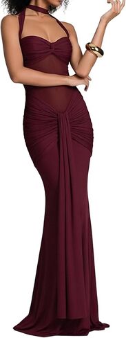 Tbahhir Womens Elegant Halter Maxi Dress Sleeveless Mesh Patchwork Bodycon Ruched Long Dress Club Party Evening Cocktail in Saudi Arabia