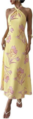 Floerns Women's Summer Sleeveless Halter Dress Ruffle Open Back A Line Maxi Dresses in Saudi Arabia