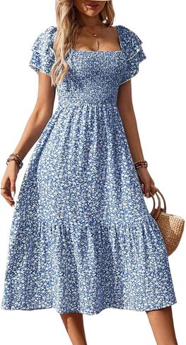 SKAYS Women's Square Neck Floral Dress Puff Sleeve Autumn Casual Ruffle Long Dress in Kuwait
