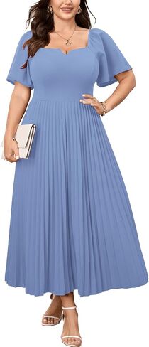 SCOMCHIC Women Plus Size Dress Cocktail Elegant V Notched Square Neck Short Sleeve Summer Wedding Guest Pleated Maxi Dress in Kuwait