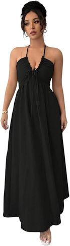 SISKIN Womens Halter Dress Sleeveless V Neck Tie Front Ruched Backless A Line Long Dress Elegant Evening Party Gown for Women in Kuwait