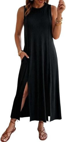 CHICME Women’s Sleeveless Ribbed Knit Maxi Dress Casual Tank Dress Side Slit Long Dress with Pockets Summer Beach Dress in Saudi Arabia