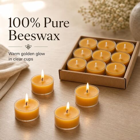 100% Pure Beeswax Tea Light Candles in Clear Cups, 12 Pack Long Burn Time, Smokeless Tealights with Natural Honey Scent for Essential Oil Burners, Teapots, Spa & Wedding Decor in Saudi Arabia