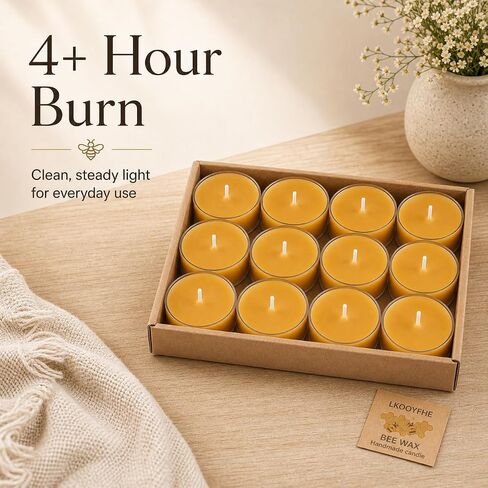 100% Pure Beeswax Tea Light Candles in Clear Cups, 12 Pack Long Burn Time, Smokeless Tealights with Natural Honey Scent for Essential Oil Burners, Teapots, Spa & Wedding Decor in Saudi Arabia