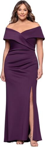 Xscape Women's Scuba Off The Shoulder Ruched Slit Floor Length Dress (Plus) in Kuwait