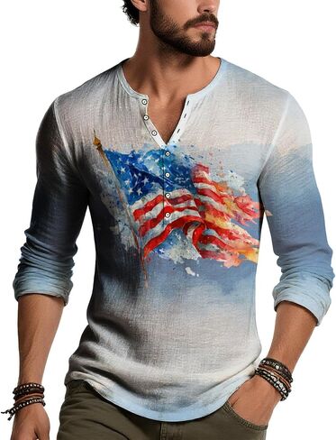 Distressed Fall Shirts for Men Trendy Button Up Henley V Neck Long Sleeve Top Retro Patriotic Pullover USA Flag Shirt in Kuwait