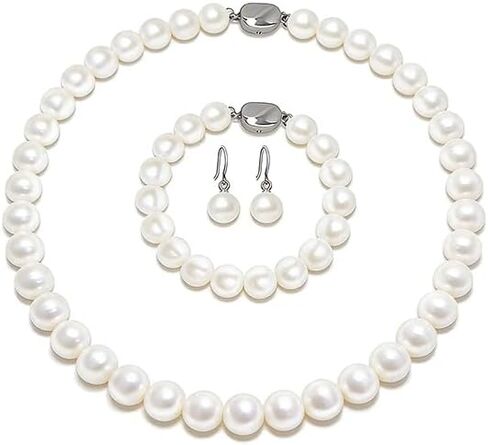 3 Piece 10mm Pearl Necklace Set for Women, Pearl Jewelry Set Includes Necklace, Bracelet and Earrings with Box for Brides Wedding Birthday Valentine Christmas Day Gifts in Kuwait