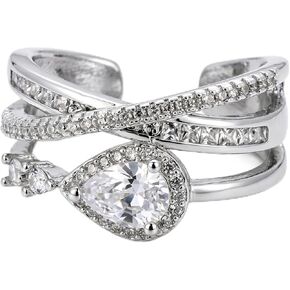 Women's Luxury Ring | Layered Crisscross Teardrop Cubic Zirconia Ring | Silver Color Adjustable Open Band | Hypoallergenic Unique Minimalist Statement Index Finger Ring in Kuwait