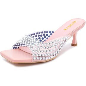 Clear Rhinestone Kitten Heel Mules for Women Open Square Toe Slip On Sandals for Wedding Prom Bachelorette Bridal Shower Dressy Party in Saudi Arabia