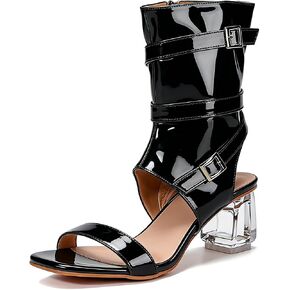 Women'S Patent Leather Chunky Heel Boot Sandals Elegant Square Toe Belt Buckle Transparent Heel Side Zipper Bootie Sandals Fashion Prom Party Heeled Sandals in Saudi Arabia