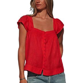 Lumister Cotton Linen Top for Women, Square Neck, Red, M in Saudi Arabia