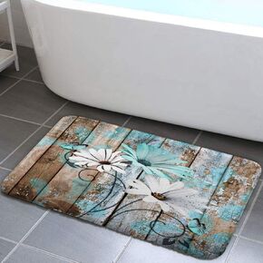 Farmhouse Floral Flower Bath Mat, Teal Daisy Rustic Wooden Plank Country Barn Wood Turquoise Blue Non-Slip Flannel Soft Doormat Floor Entryways Outdoor Indoor Front Door Mat,17X29 in Kuwait